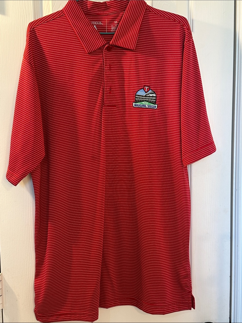 Antigua Red Striped Golf Polo with 2020 Texas Rangers Embroidered Patch